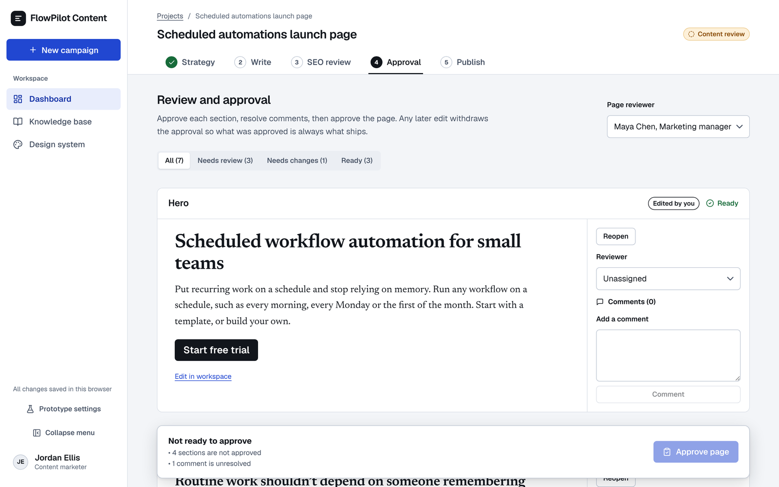 The Review and approval screen: filters for All (7), Needs review (3), Needs changes (1) and Ready (3), the hero section with its reviewer and comment field, and a bar at the bottom reading 'Not ready to approve: 4 sections are not approved, 1 comment is unresolved', with the Approve page button disabled.