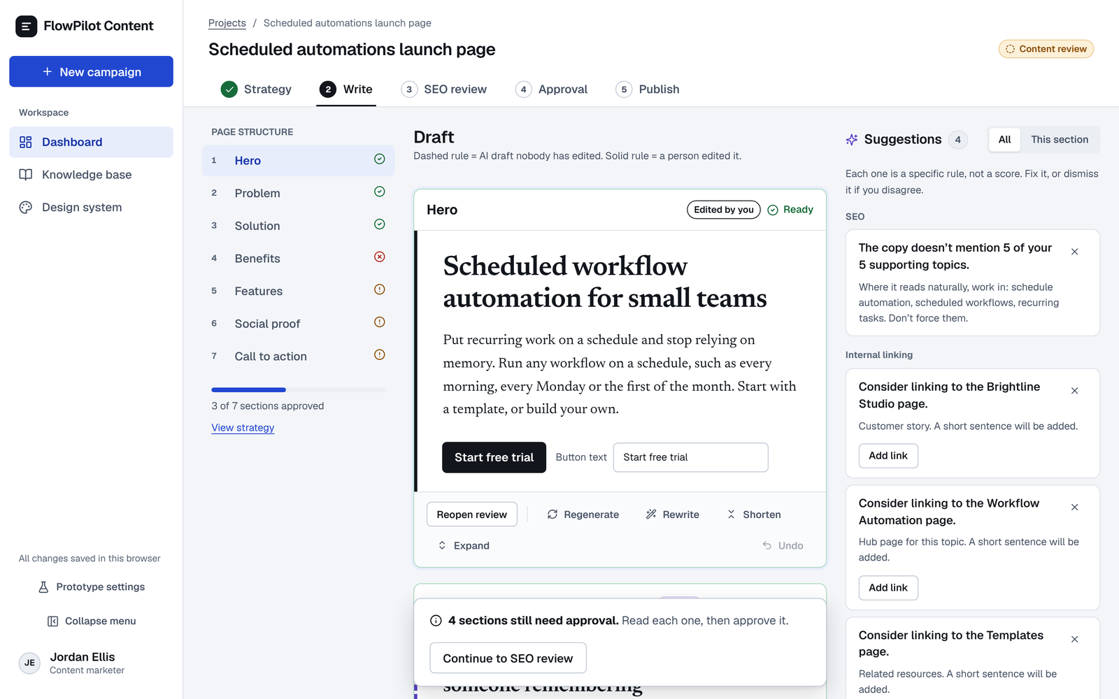 The FlowPilot writing workspace: a page structure list with a status icon per section and '3 of 7 sections approved', the hero section of the draft marked 'Edited by you' and 'Ready', and a Suggestions panel with specific SEO and internal-linking rules, each with an Add link or dismiss action.