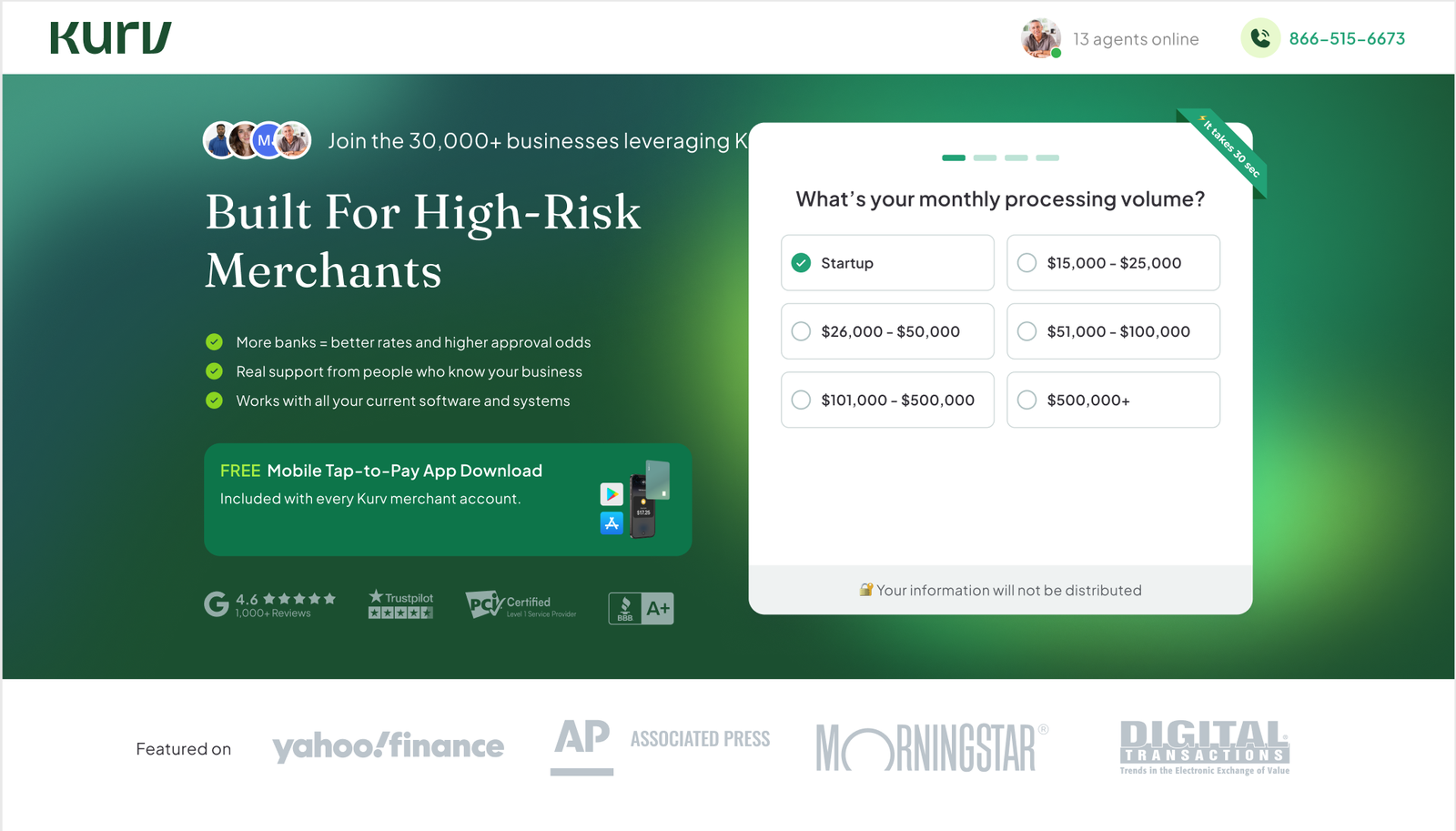 Before: Kurv landing page hero on a dark green background, headlined 'Built For High-Risk Merchants', led by a four-step quiz asking for monthly processing volume. The phone number sits small in the top-right header.